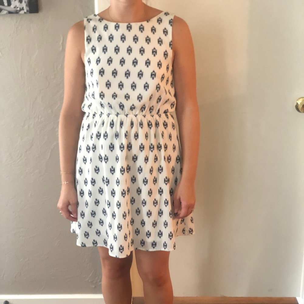 White dress with blue print